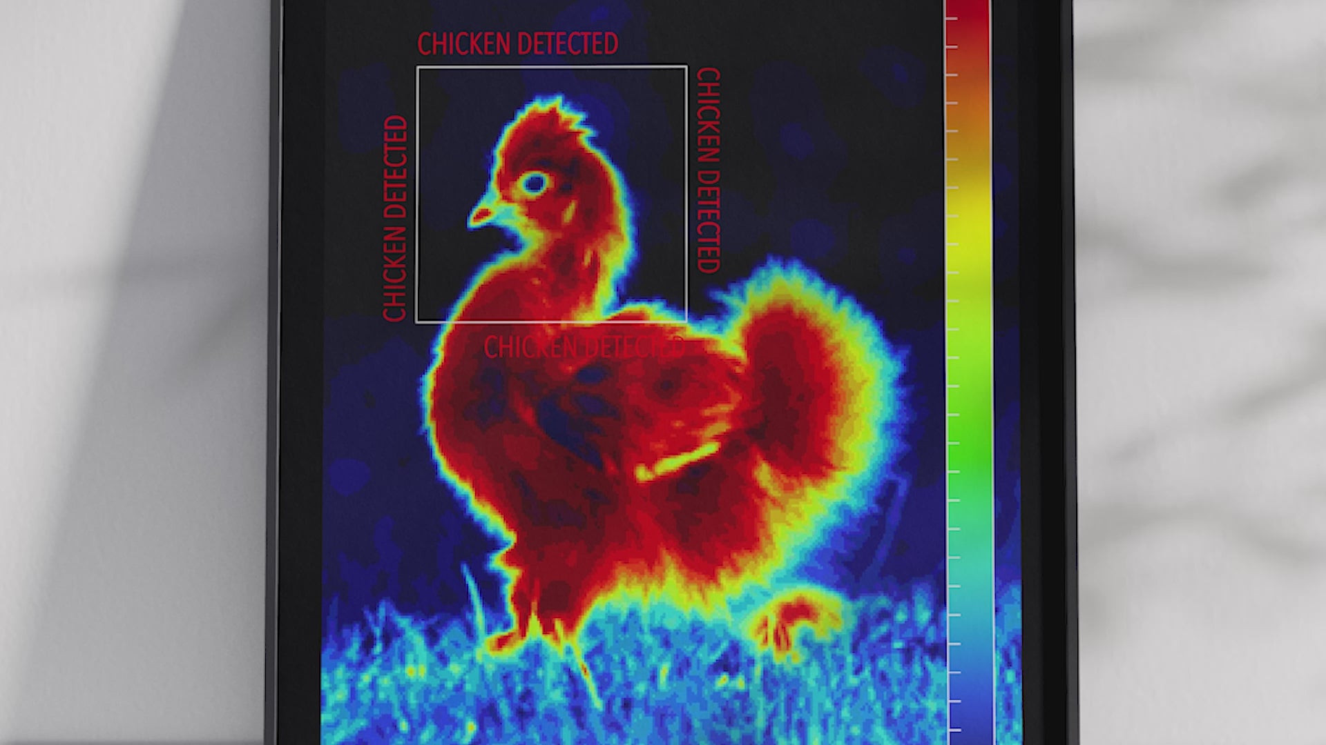 Modern infrared Silkie chicken poster featuring a fluffy chicken in vibrant thermal colors, printed on semi-gloss paper. Perfect wall art for kitchens, farmhouses, or modern homes with a cozy aesthetic.
