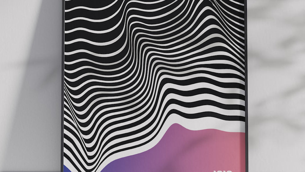 Modern Bauhaus wave art print featuring black and white undulating lines with a purple and pink gradient, printed on semi-gloss sustainable paper. Perfect wall art for living rooms, offices, or contemporary interiors with a bold and artistic aesthetic.