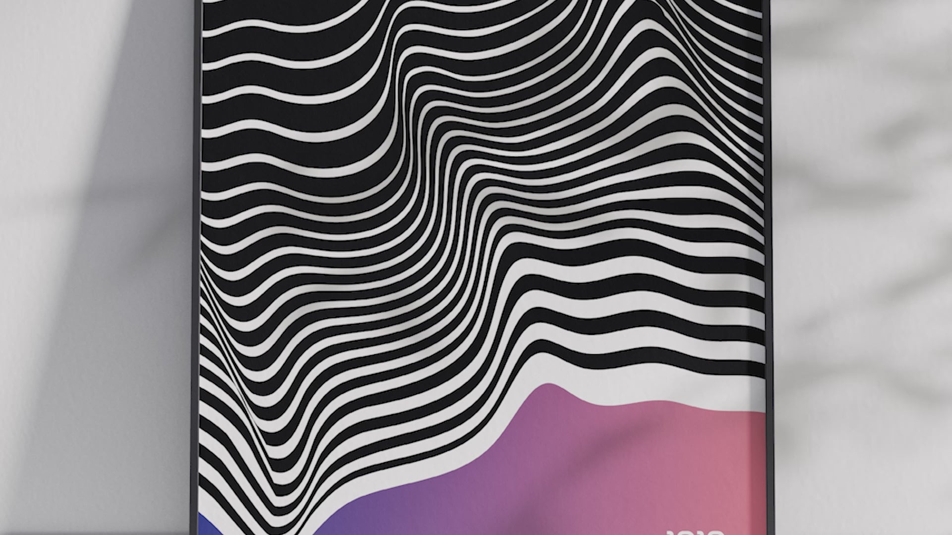 Modern Bauhaus wave art print featuring black and white undulating lines with a purple and pink gradient, printed on semi-gloss sustainable paper. Perfect wall art for living rooms, offices, or contemporary interiors with a bold and artistic aesthetic.