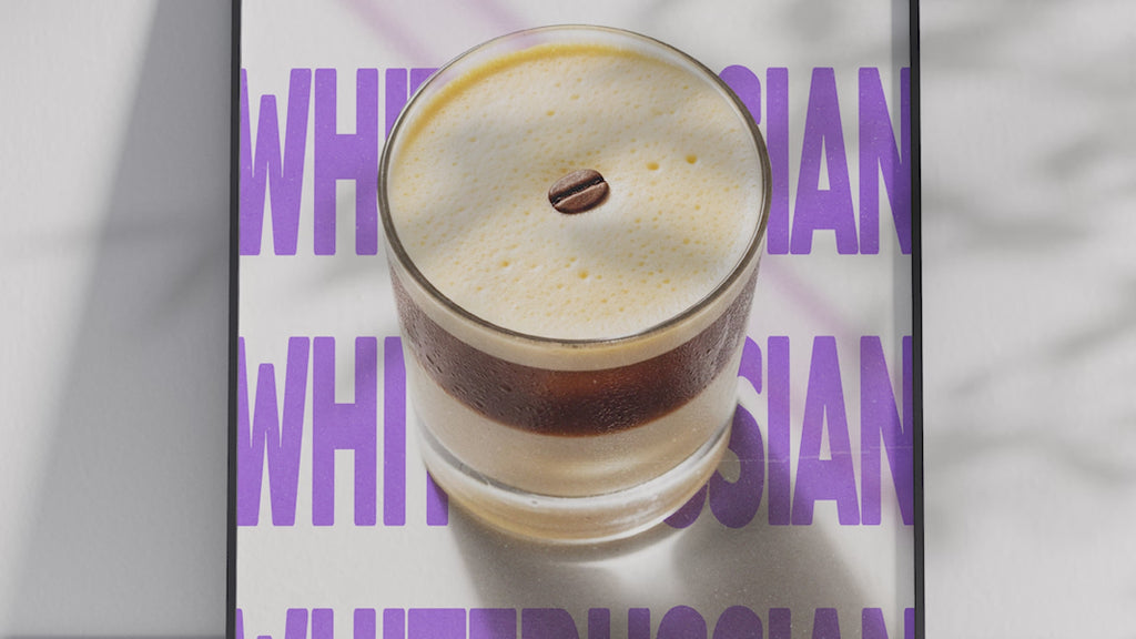 Classic White Russian cocktail poster featuring elegant typography and a creamy drink illustration, printed on semi-gloss sustainable paper. Perfect wall art for living rooms, bar areas, or modern interiors with a cozy and sophisticated aesthetic.