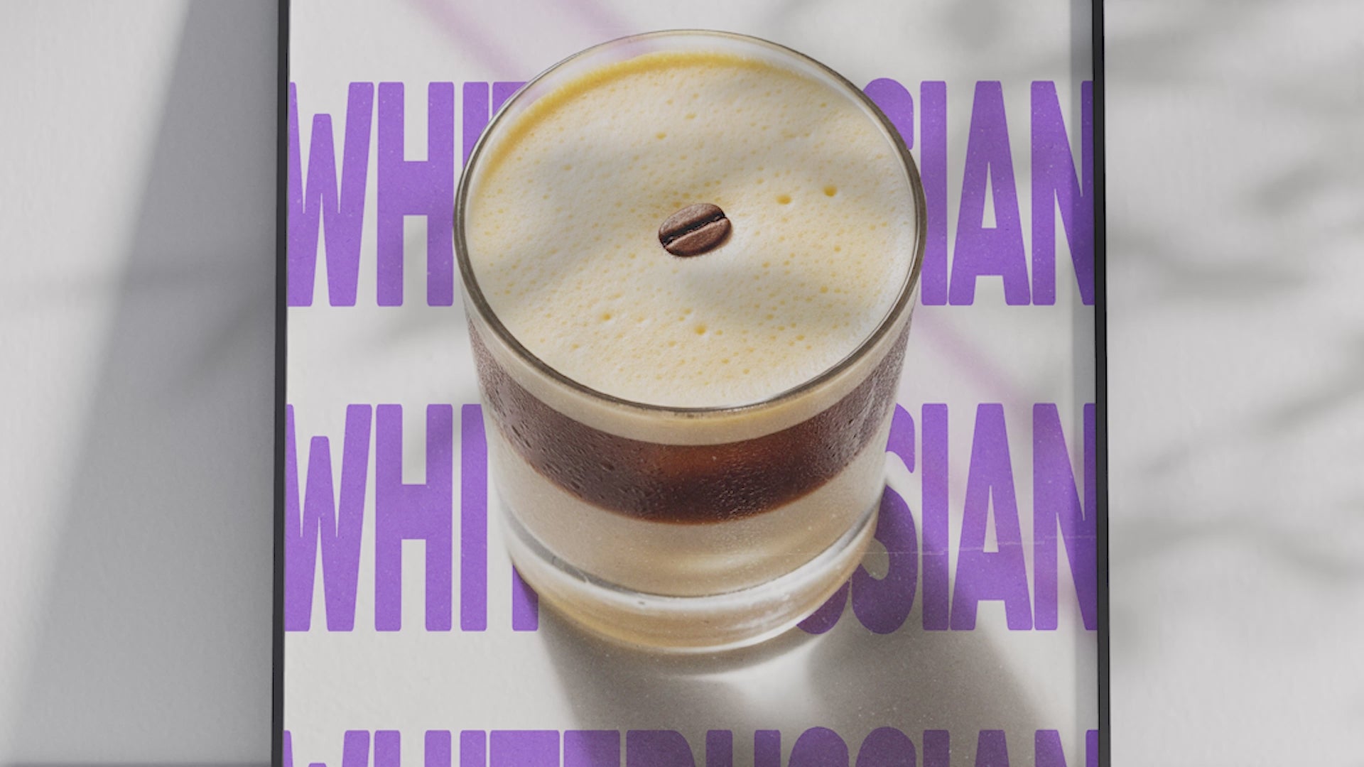 Classic White Russian cocktail poster featuring elegant typography and a creamy drink illustration, printed on semi-gloss sustainable paper. Perfect wall art for living rooms, bar areas, or modern interiors with a cozy and sophisticated aesthetic.