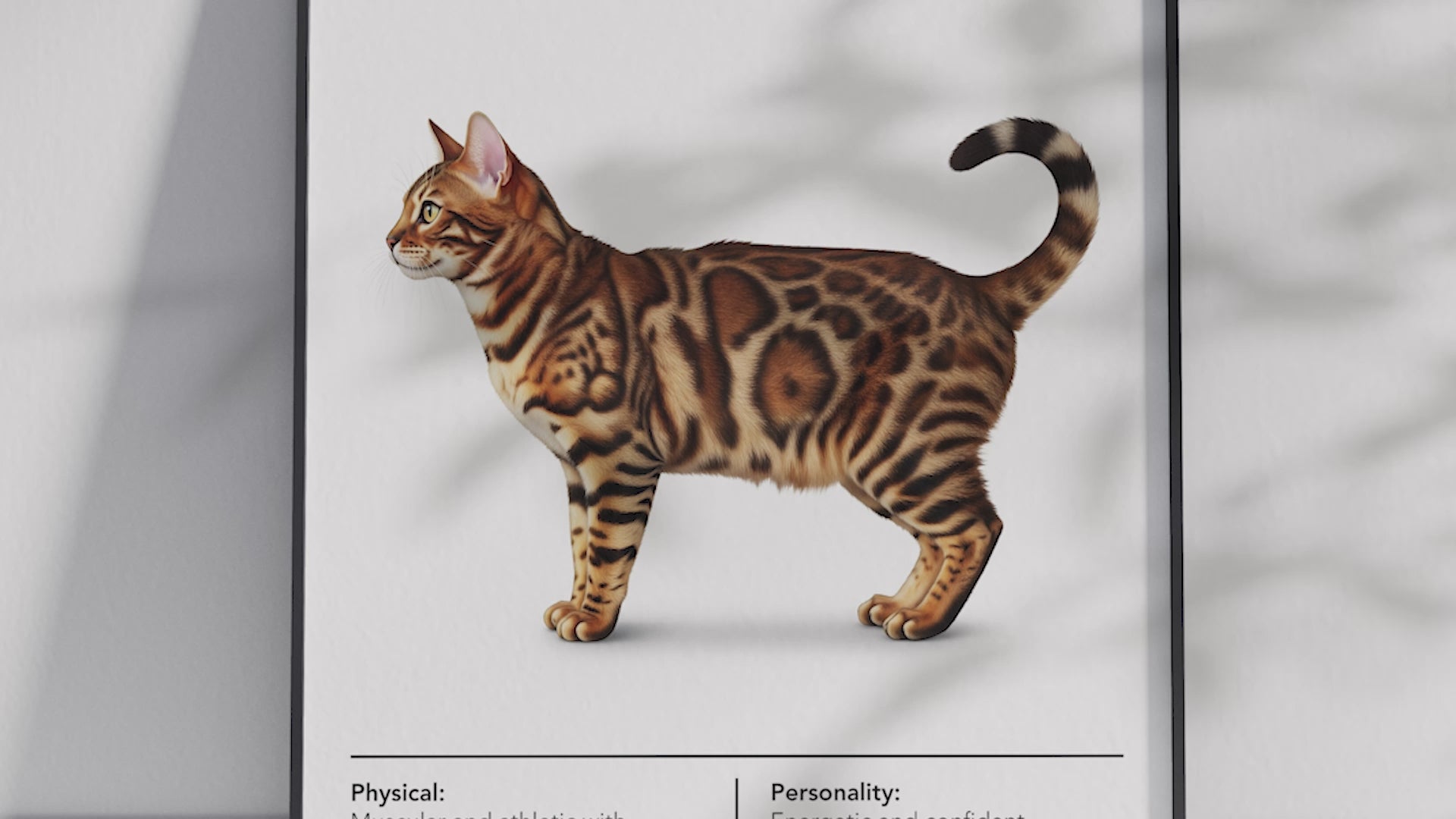 Striking Bengal cat breed poster featuring a detailed illustration of the cat with its exotic spotted coat and wild appearance, printed on semi-gloss sustainable paper. Perfect wall art for modern living rooms, studies, or adventurous interiors with a bold and unique aesthetic.