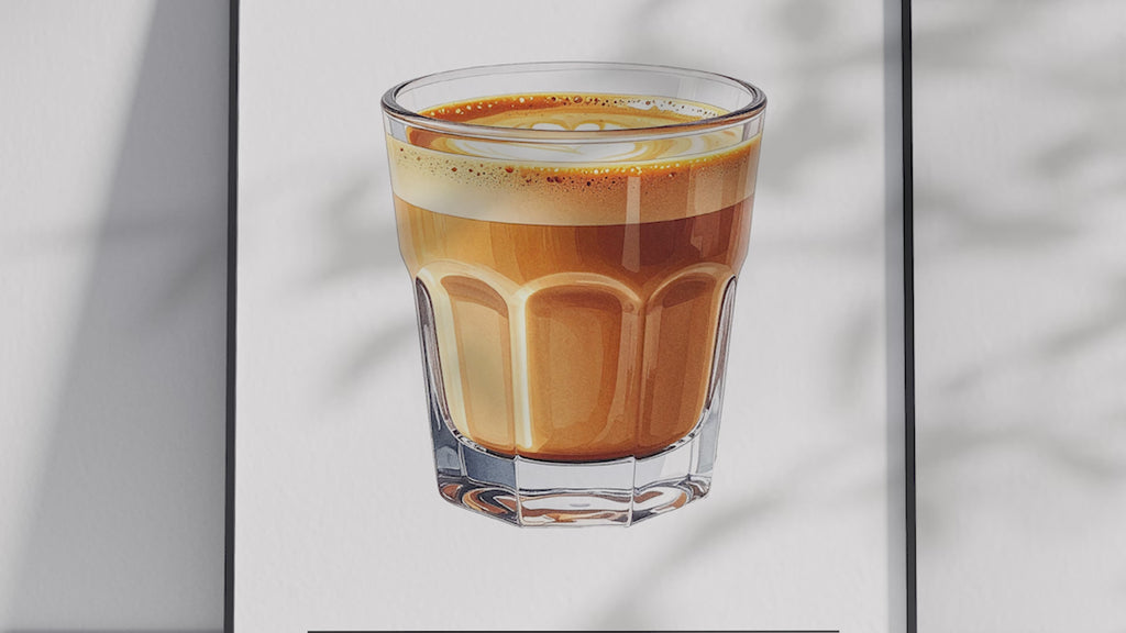 Minimalist Cortado coffee art poster featuring a detailed illustration of the drink with its recipe, printed on semi-gloss sustainable paper. Perfect wall art for kitchens, coffee bars, or modern interiors with a sleek and contemporary aesthetic.