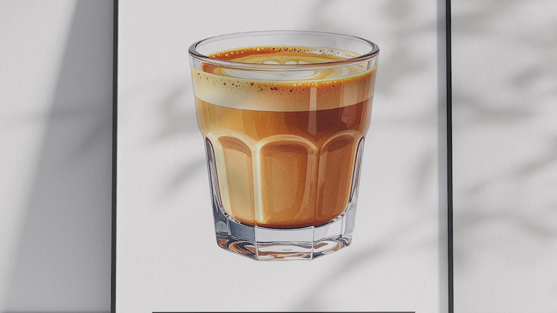 Minimalist Cortado coffee art poster featuring a detailed illustration of the drink with its recipe, printed on semi-gloss sustainable paper. Perfect wall art for kitchens, coffee bars, or modern interiors with a sleek and contemporary aesthetic.