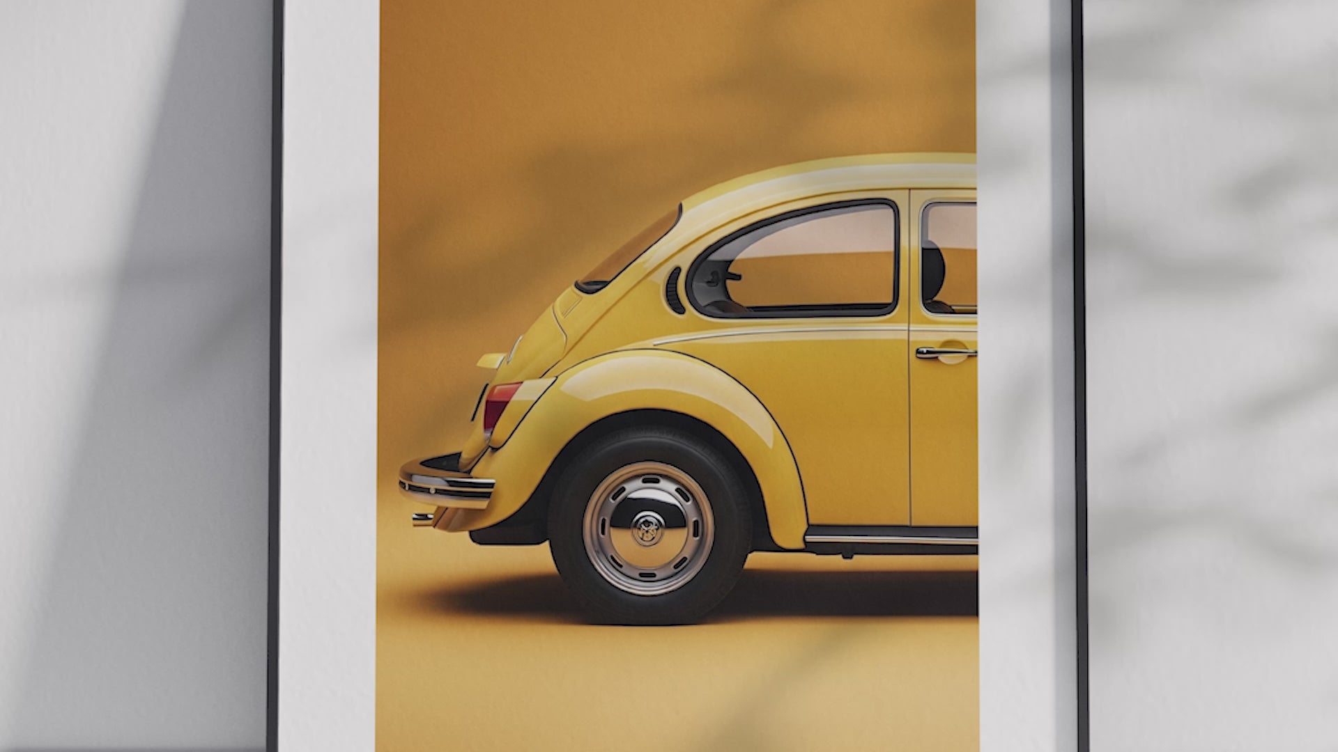 Charming Volkswagen Beetle car poster featuring a detailed classic illustration in vibrant tones, printed on semi-gloss sustainable paper. Perfect wall art for living rooms, kids' rooms, or modern interiors with a cheerful and nostalgic aesthetic.