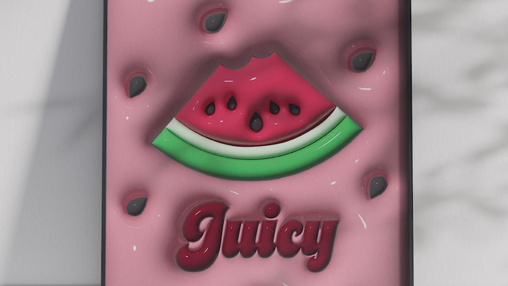 Vibrant 3D watermelon pop art poster featuring a bitten slice and "Juicy" text on a pink background with prominent seeds, printed on semi-gloss sustainable paper. Perfect wall art for modern kitchens, lively living spaces, or any interior desiring a colorful and fun aesthetic.