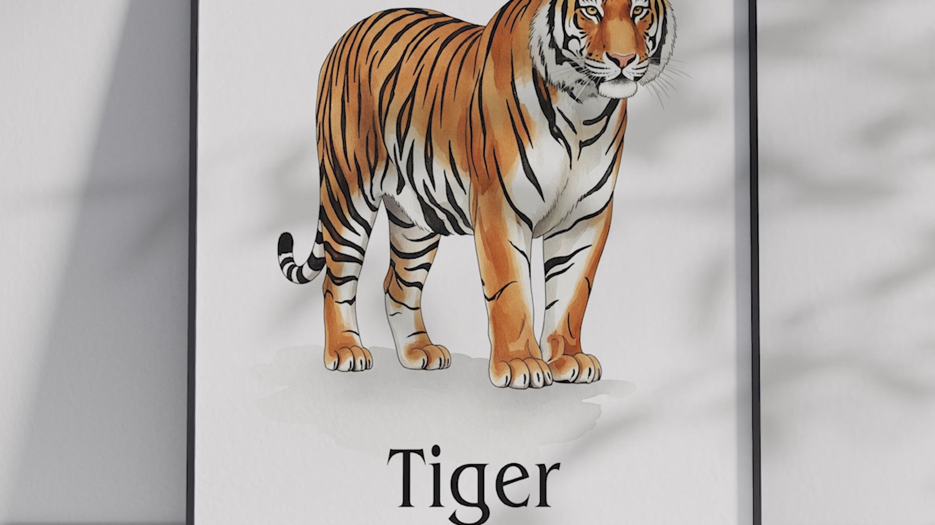Detailed hand-illustrated Educational Tiger Animal Poster for the letter 'T', printed on semi-gloss sustainable paper. Perfect wall art for children's rooms, nurseries, or playrooms with an educational and nature-inspired aesthetic.