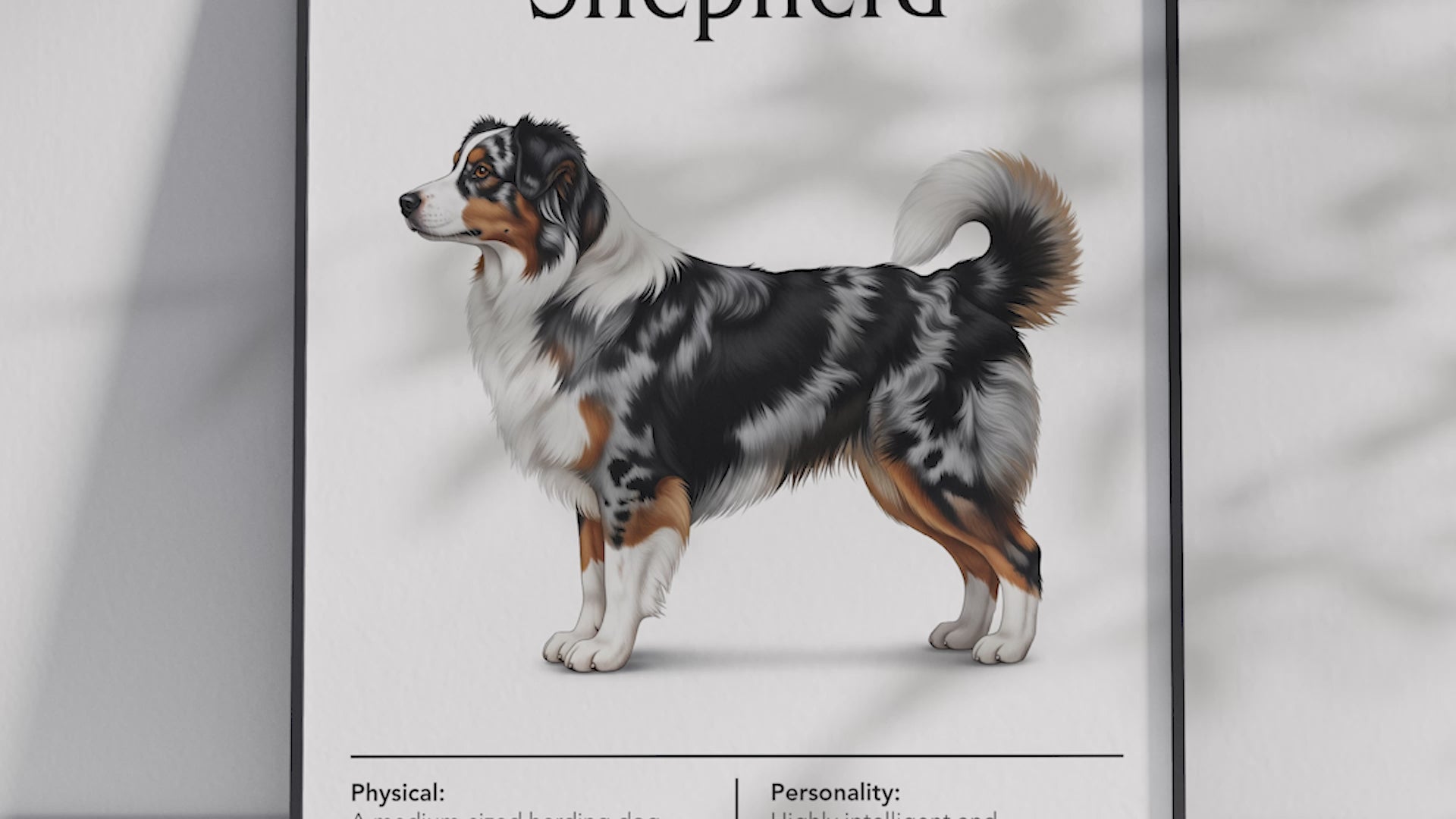 Detailed Australian Shepherd dog breed poster showcasing its physical characteristics and personality traits, printed on semi-gloss sustainable paper. Perfect wall art for living rooms, family rooms, or modern interiors with an energetic and intelligent aesthetic.