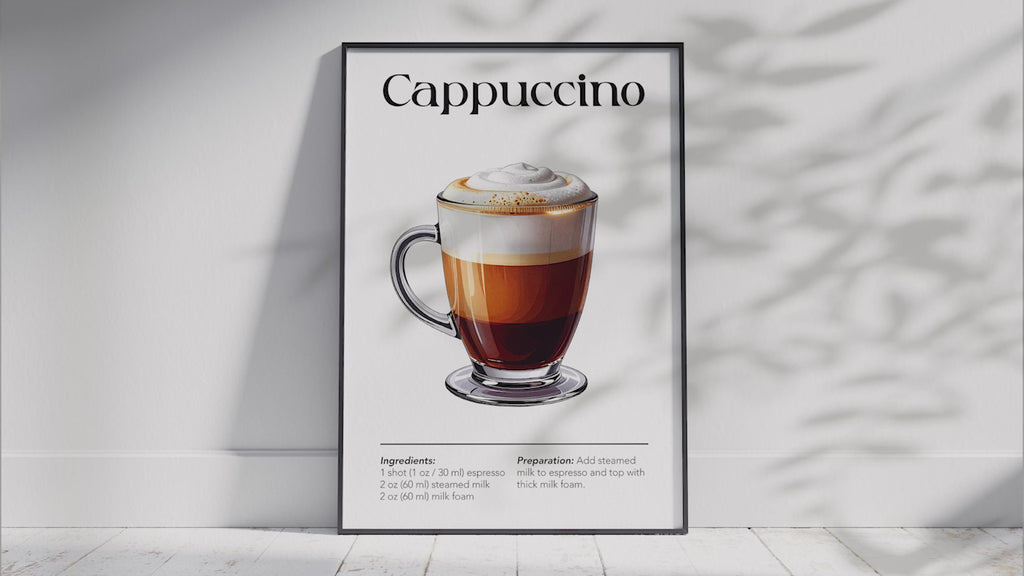 AmbersCreations' Coffee Collection: Posters showing various coffee drinks like cappuccino, espresso, latte, and cold brew, with a main 'Coffee Essentials' chart. Soulful coffee art.
