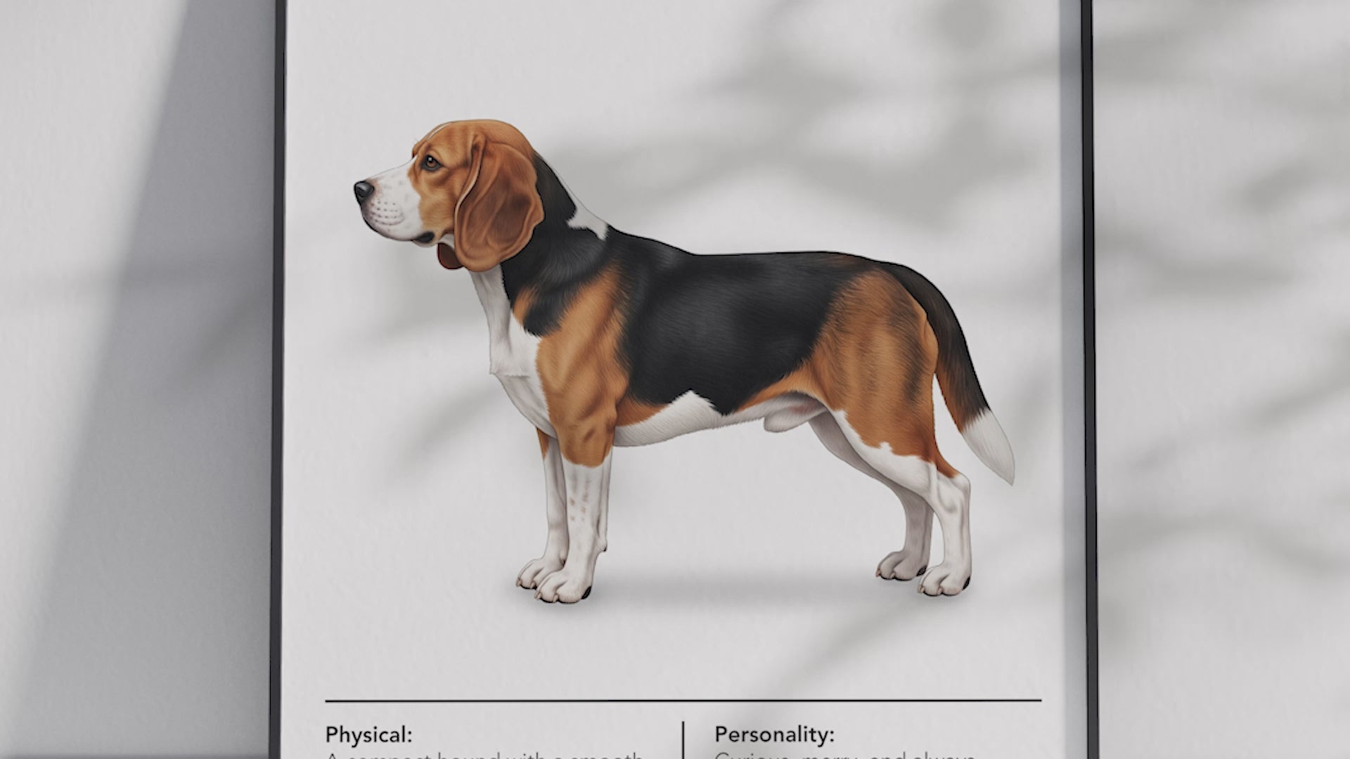 Detailed Beagle dog breed poster showcasing its physical characteristics and personality traits, printed on semi-gloss sustainable paper. Perfect wall art for living rooms, kitchens, or modern interiors with a cheerful and curious aesthetic.