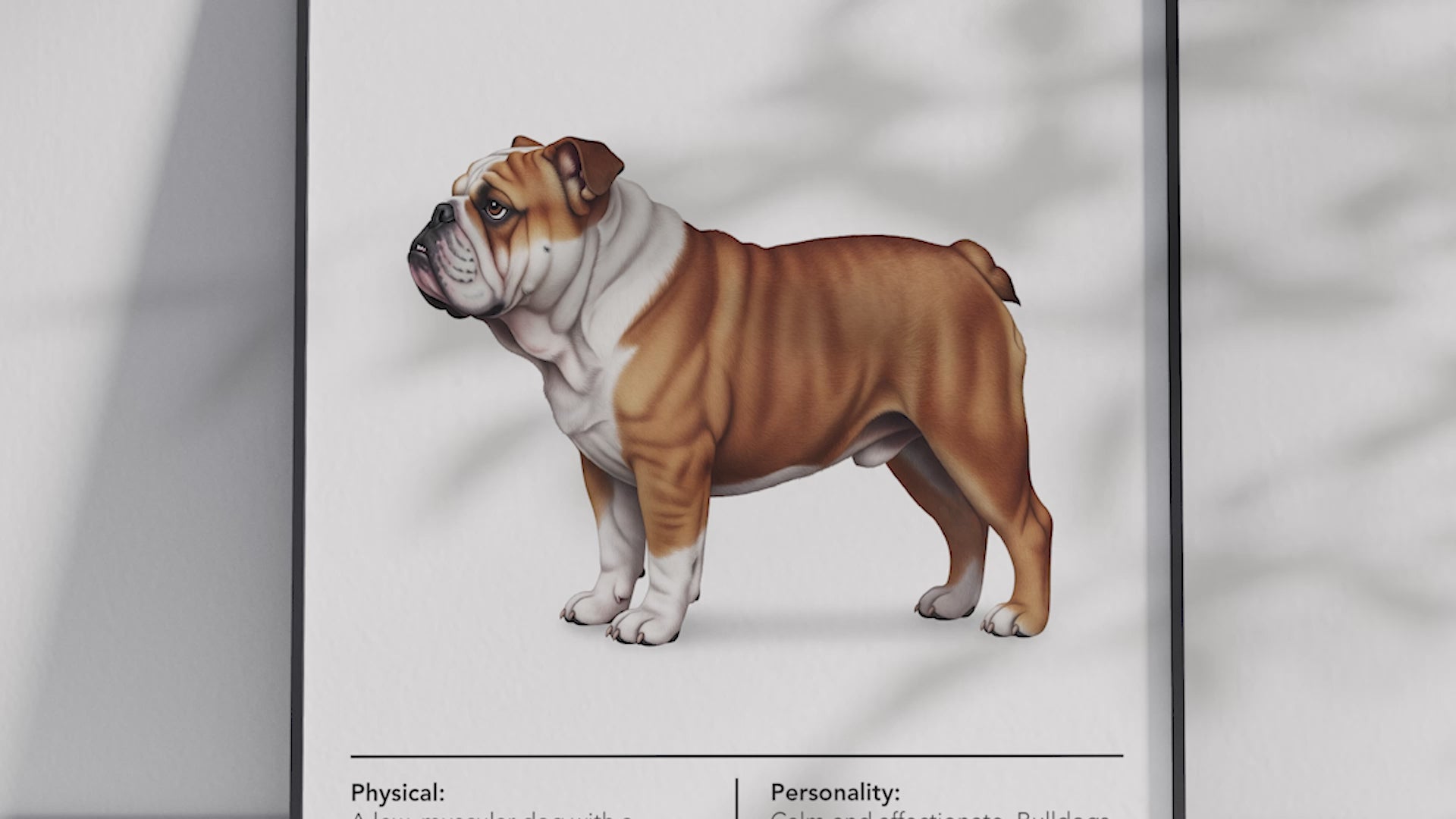 Detailed Bulldog dog breed poster showcasing its distinctive robust build and calm, loyal personality traits, printed on semi-gloss sustainable paper. Perfect wall art for living rooms, studies, or modern interiors with a charming and steadfast aesthetic.