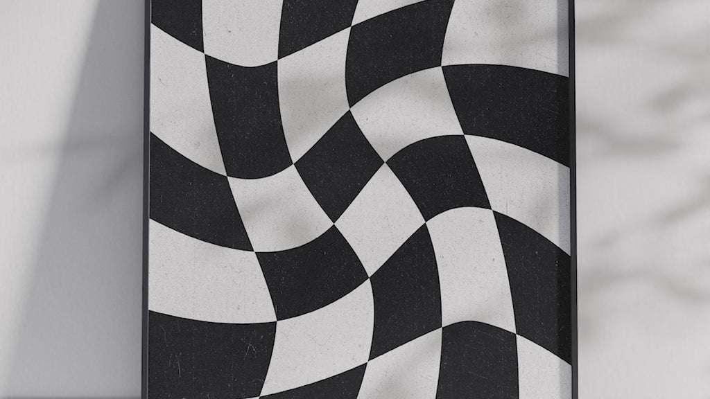 Intriguing abstract swirling checkerboard poster showcasing a mesmerizing black and white wavy pattern, printed on high-quality paper. Ideal wall art for contemporary living spaces, minimalist decor, or as a striking addition to a modern gallery wall.