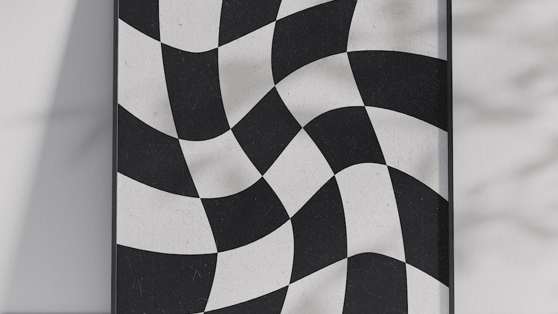 Intriguing abstract swirling checkerboard poster showcasing a mesmerizing black and white wavy pattern, printed on high-quality paper. Ideal wall art for contemporary living spaces, minimalist decor, or as a striking addition to a modern gallery wall.