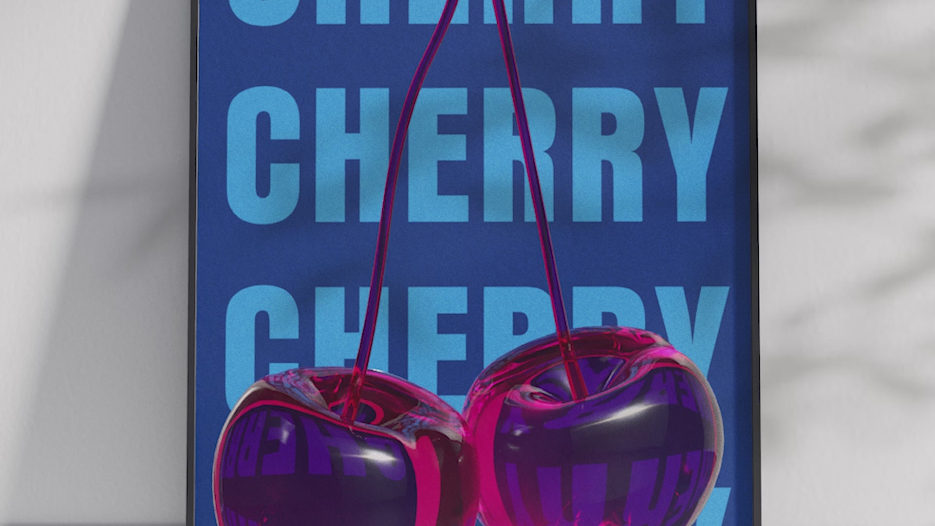 Bold pop art cherry poster featuring glossy pink cherries with a 3D glass effect on a vibrant blue background, printed on semi-gloss sustainable paper. Perfect wall art for living rooms, bedrooms, or modern interiors with a playful and energetic aesthetic.