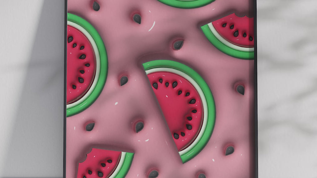 Vibrant 3D watermelon slice pop art poster on a pink background, featuring scattered seeds and a dynamic design, printed on semi-gloss sustainable paper. Perfect wall art for modern kitchens, lively living spaces, or any interior desiring a colorful and fun aesthetic.