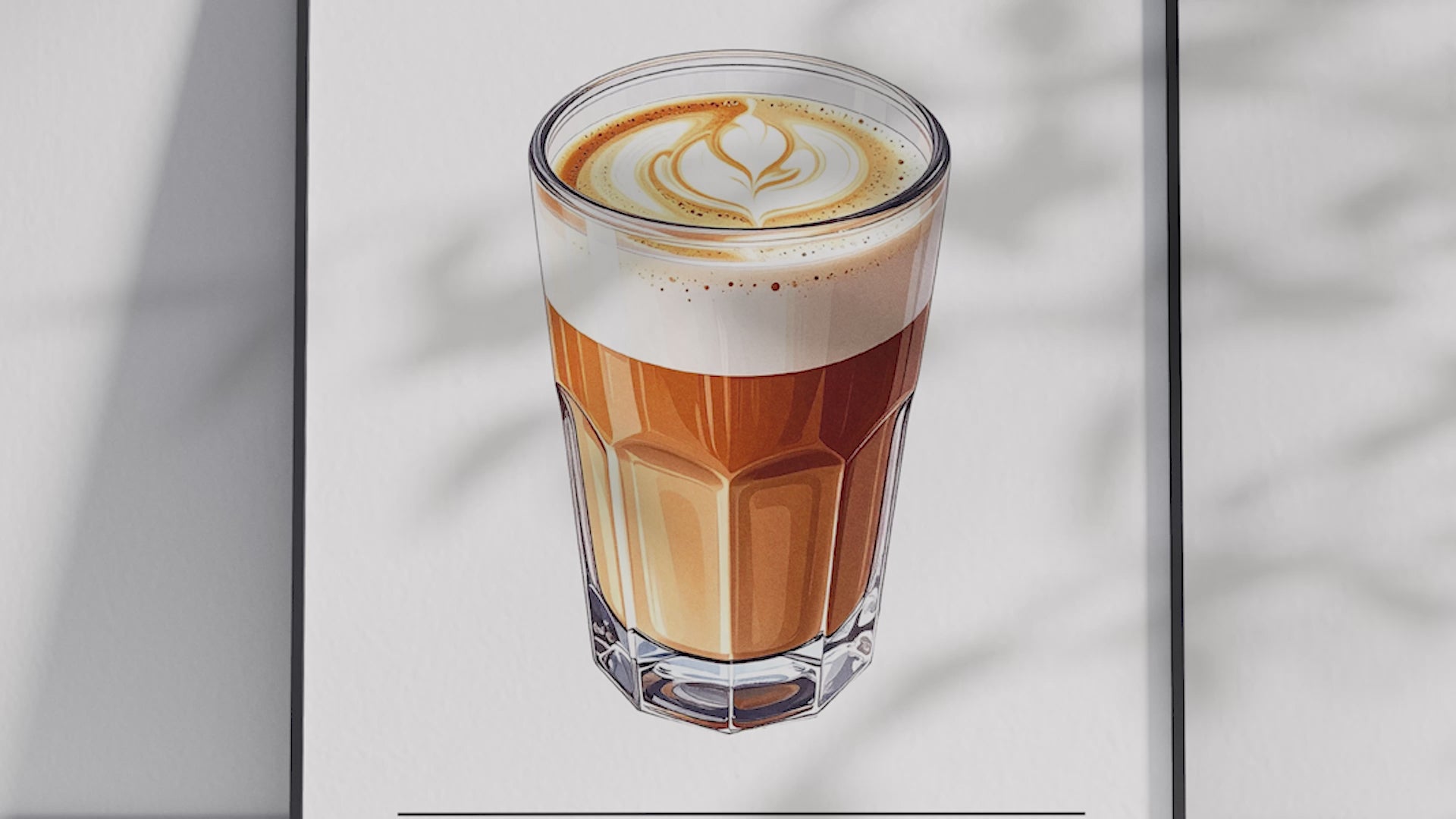 Minimalist Macchiato coffee art poster featuring a detailed illustration of the drink with its recipe, printed on semi-gloss sustainable paper. Perfect wall art for kitchens, coffee bars, or modern interiors with a sleek and contemporary aesthetic.