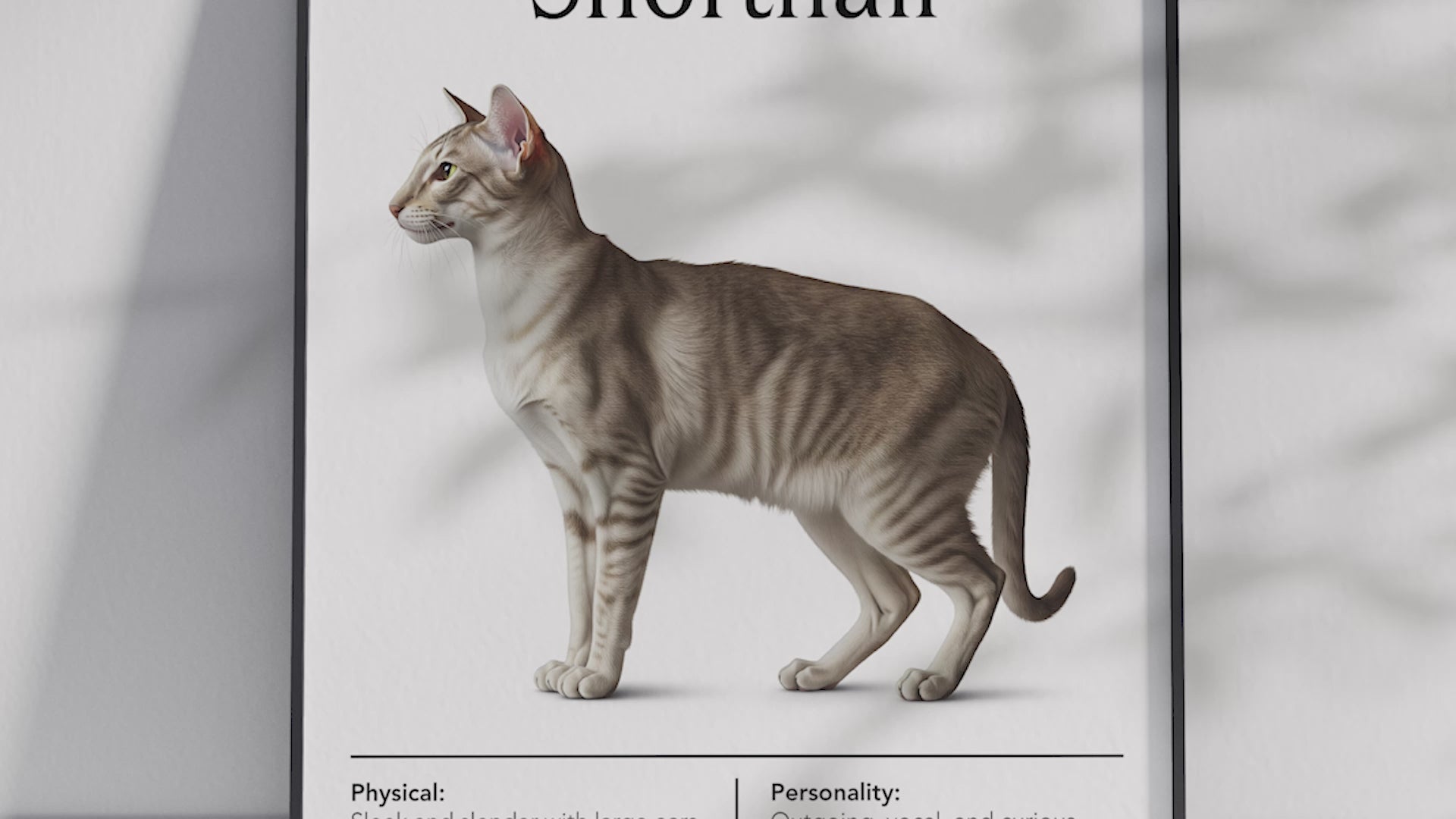 Striking Oriental Shorthair cat breed poster featuring a detailed illustration of its sleek body, large ears, and expressive eyes, printed on semi-gloss sustainable paper. Perfect wall art for modern living rooms, minimalist offices, or artistic interiors with a sophisticated and unique aesthetic.