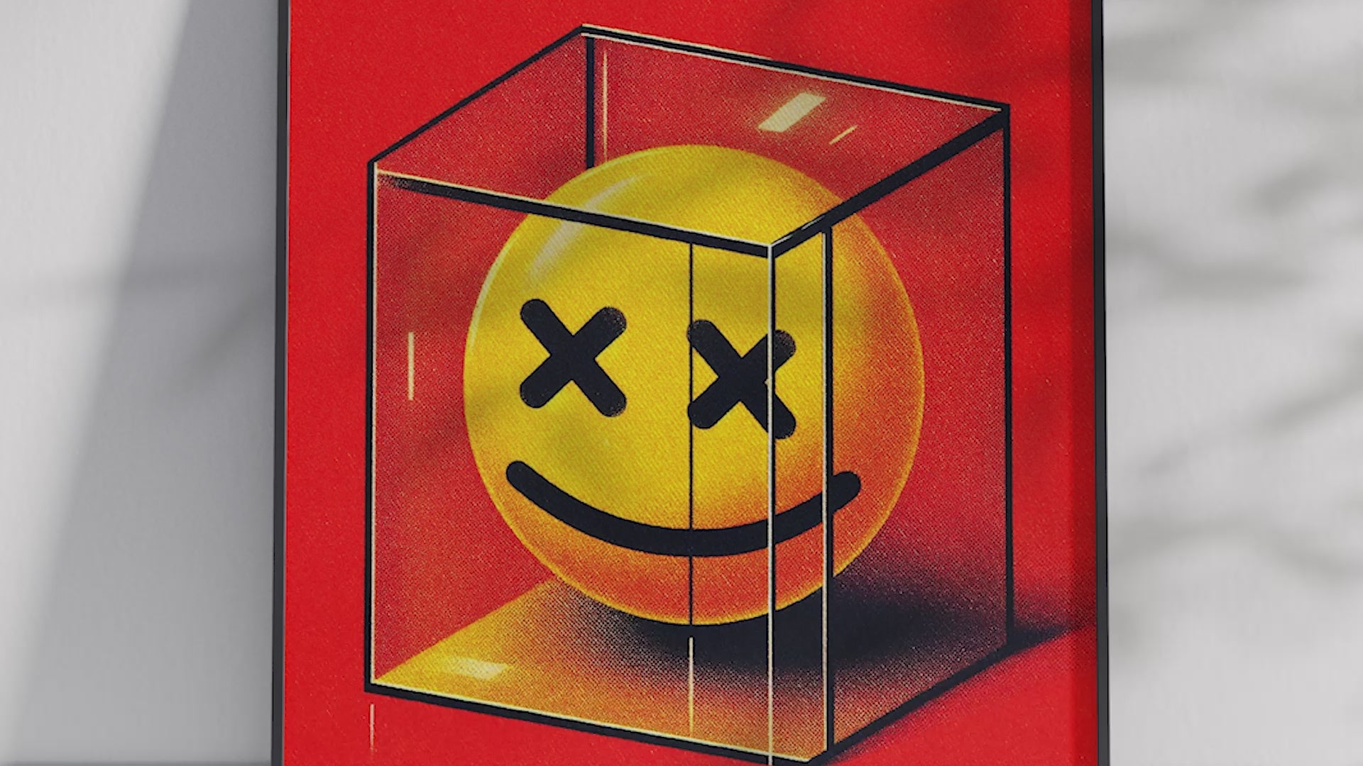 Vibrant pop art poster featuring a yellow smiley face with X eyes trapped inside a transparent cube against a red background, printed on semi-gloss sustainable paper. Perfect wall art for living rooms, game rooms, or modern interiors with a bold and edgy aesthetic.