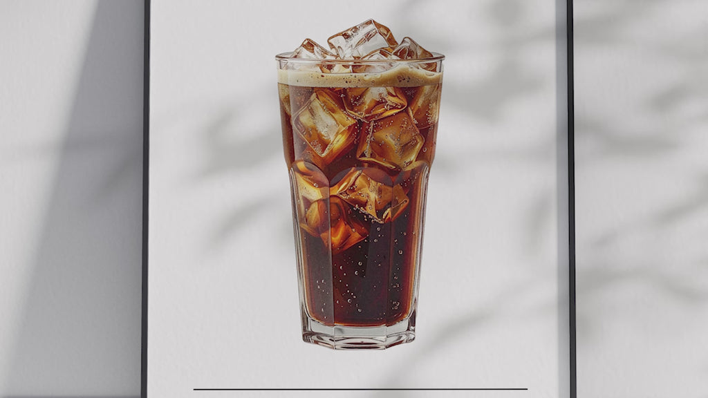 Minimalist cold brew coffee art poster featuring a detailed illustration of iced cold brew with its recipe, printed on semi-gloss sustainable paper. Perfect wall art for kitchens, coffee bars, or modern interiors with a cool and refreshing aesthetic.